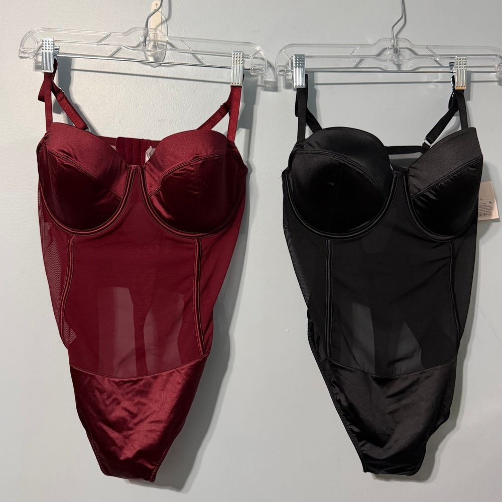 Auden Intimates 2pc Size Large Underwire Mesh Bodysuit Black and Burgundy 2563